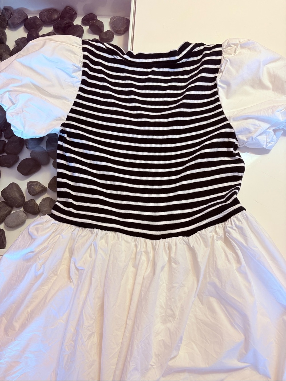 Maeve Striped Bodice Puff-Sleeve Midi Dress in White and Black - Picture 13 of 15